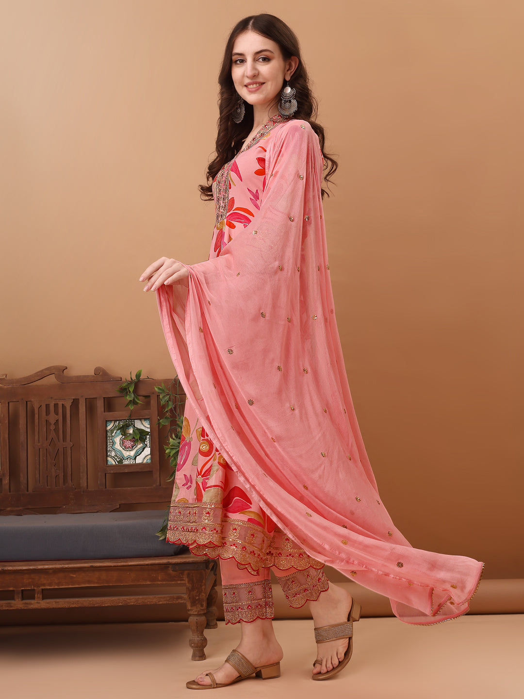 Embroidered & Floral Printed Flared Kurta With Pant & Dupatta, Pink - Hiral Fashion