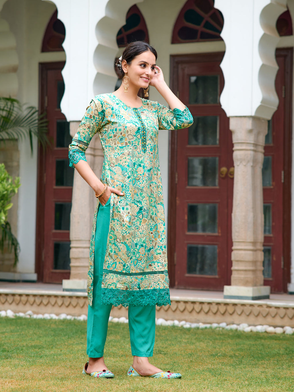 Embroidered & Floral Printed Kurta With Pant & Dupatta, Blue - Hiral Fashion - Distacart
