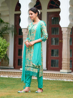 Embroidered & Floral Printed Kurta With Pant & Dupatta, Blue - Hiral Fashion - Distacart