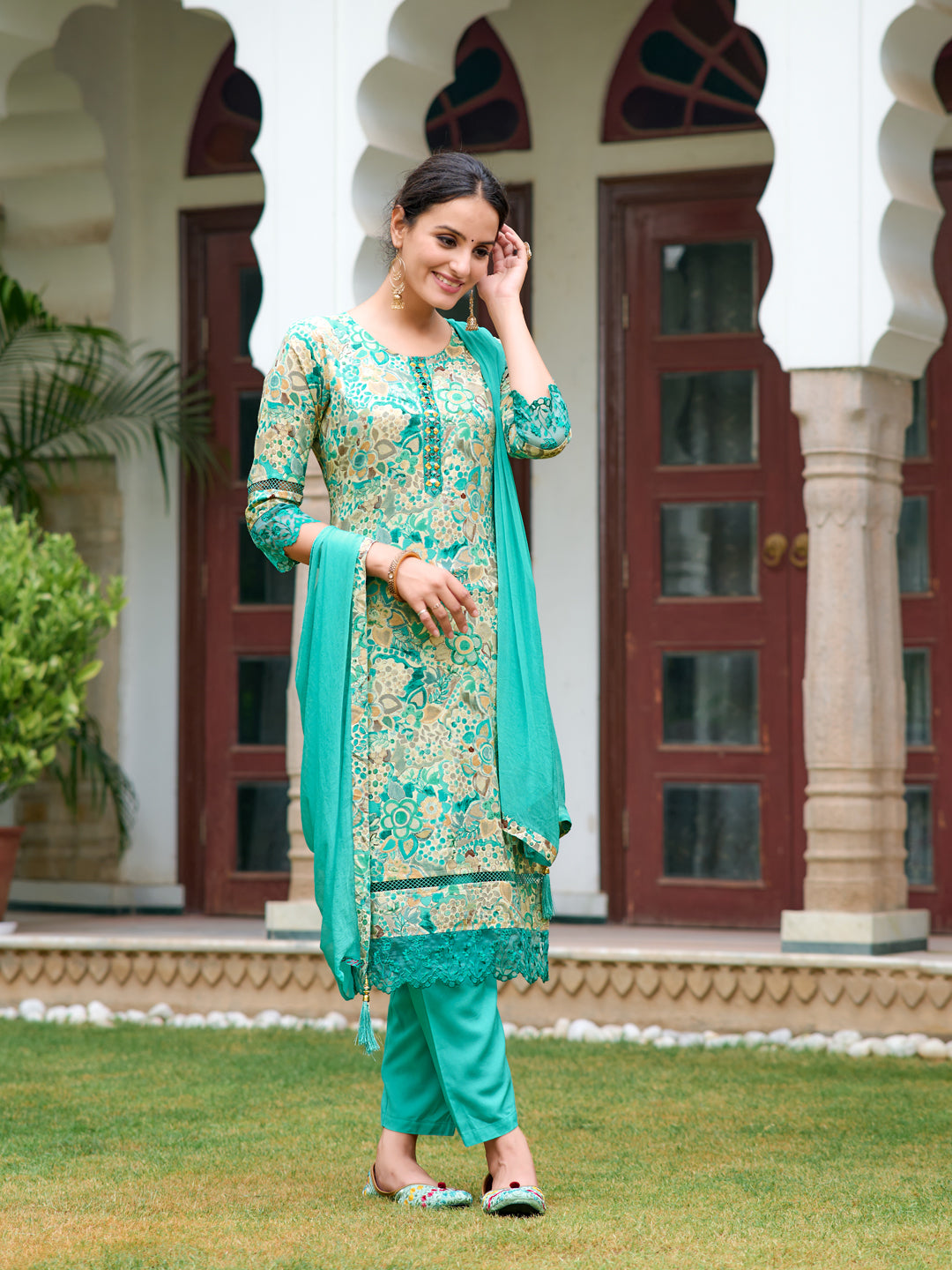 Embroidered & Floral Printed Kurta With Pant & Dupatta, Blue - Hiral Fashion - Distacart