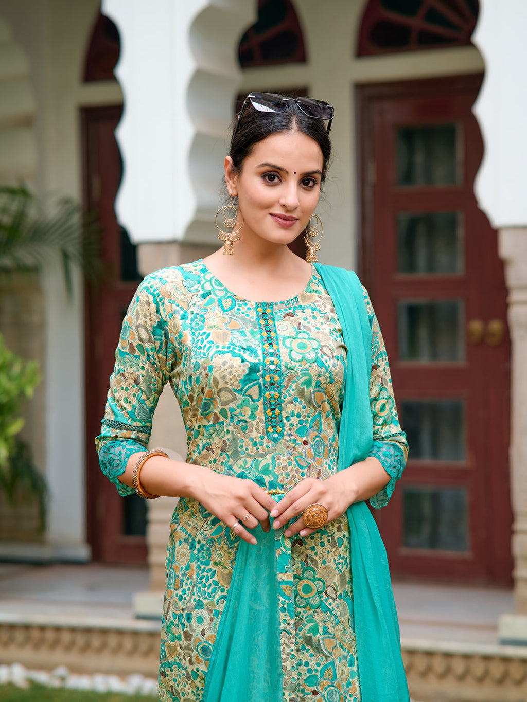 Embroidered & Floral Printed Kurta With Pant & Dupatta, Blue - Hiral Fashion - Distacart