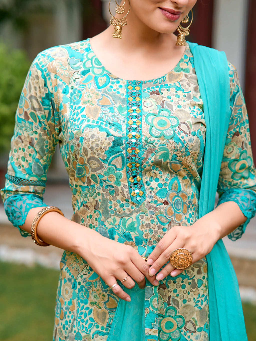 Embroidered & Floral Printed Kurta With Pant & Dupatta, Blue - Hiral Fashion - Distacart
