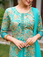 Embroidered & Floral Printed Kurta With Pant & Dupatta, Blue - Hiral Fashion - Distacart