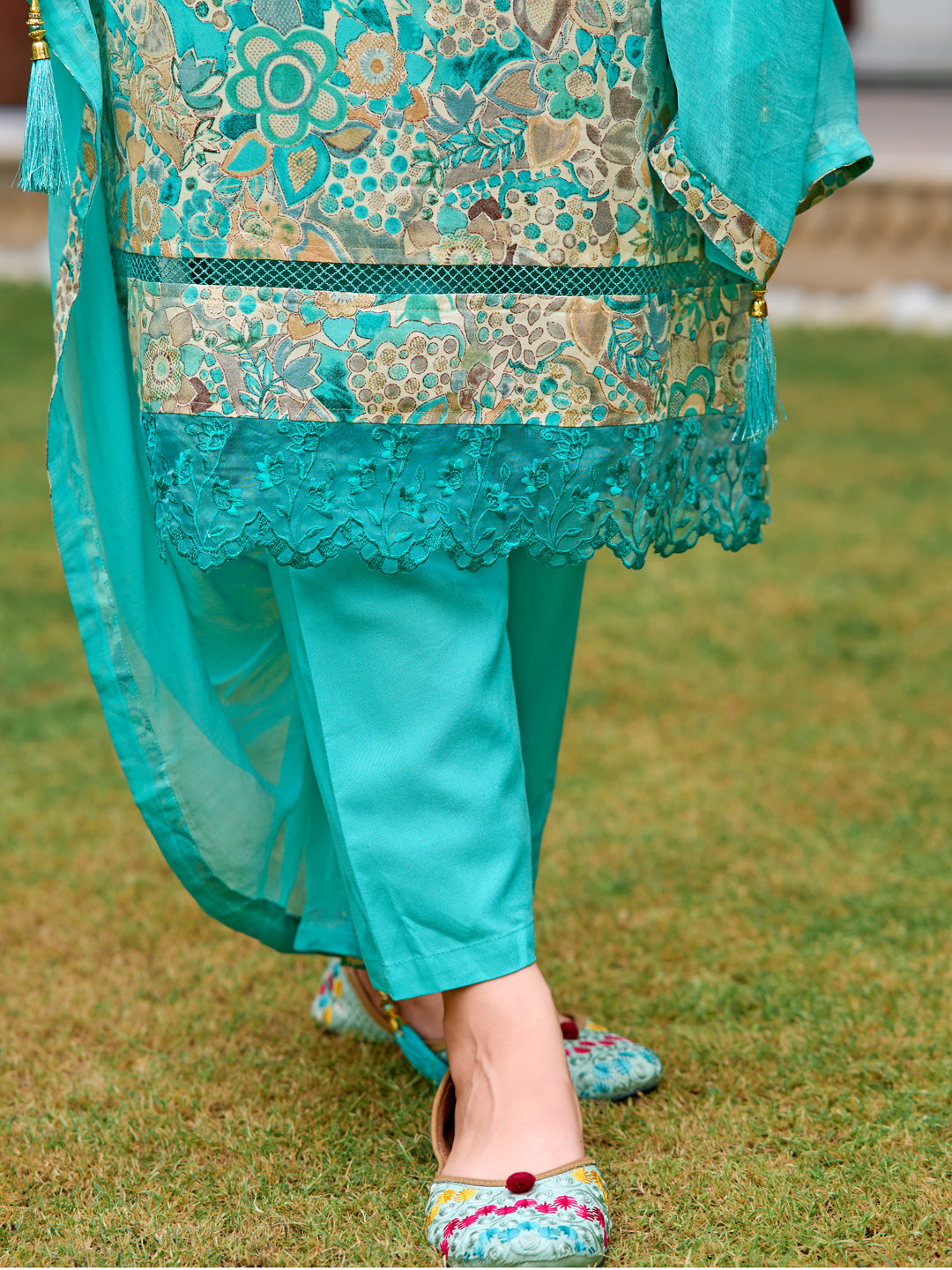 Embroidered & Floral Printed Kurta With Pant & Dupatta, Blue - Hiral Fashion - Distacart