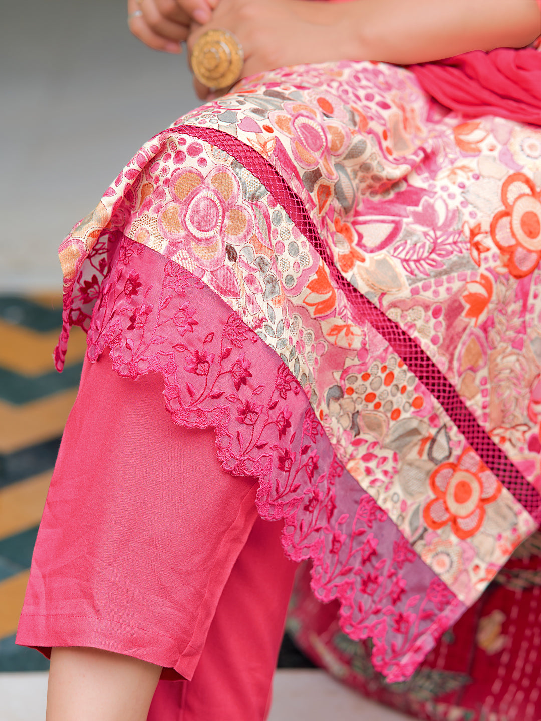 Embroidered & Floral Printed Kurta With Pant & Dupatta, Pink - Hiral Fashion - Distacart