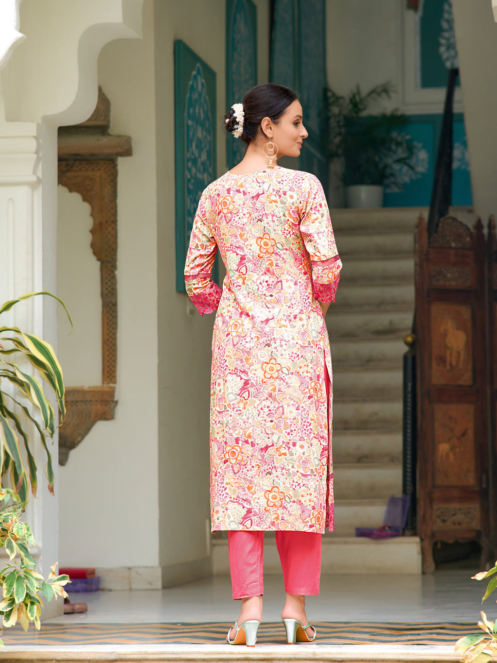 Embroidered & Floral Printed Kurta With Pant & Dupatta, Pink - Hiral Fashion - Distacart