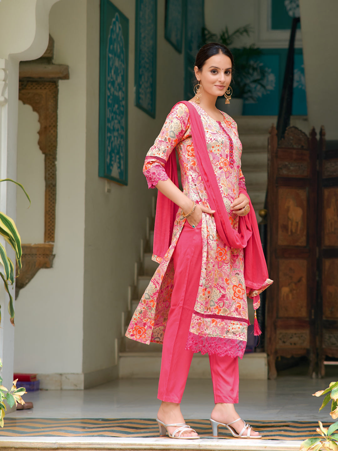 Embroidered & Floral Printed Kurta With Pant & Dupatta, Pink - Hiral Fashion - Distacart
