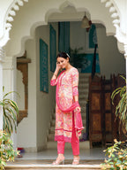 Embroidered & Floral Printed Kurta With Pant & Dupatta, Pink - Hiral Fashion - Distacart