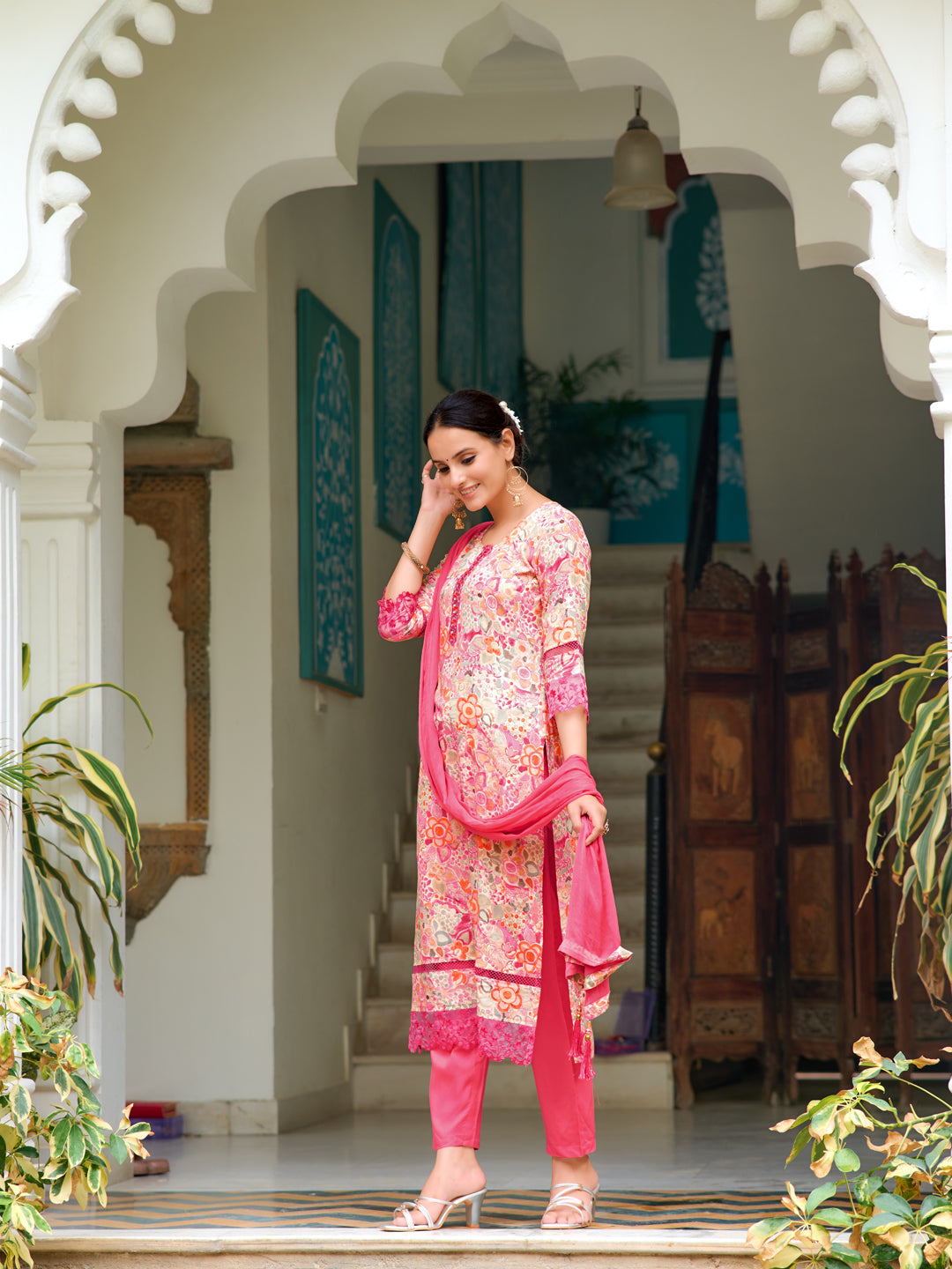 Embroidered & Floral Printed Kurta With Pant & Dupatta, Pink - Hiral Fashion - Distacart