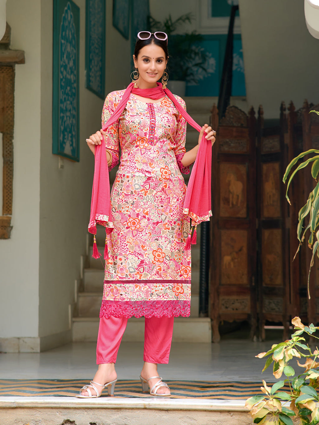 Embroidered & Floral Printed Kurta With Pant & Dupatta, Pink - Hiral Fashion - Distacart