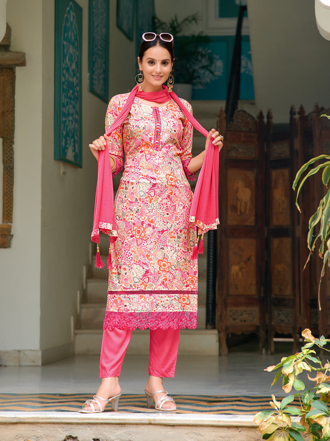 Embroidered & Floral Printed Kurta With Pant & Dupatta, Pink - Hiral Fashion - Distacart