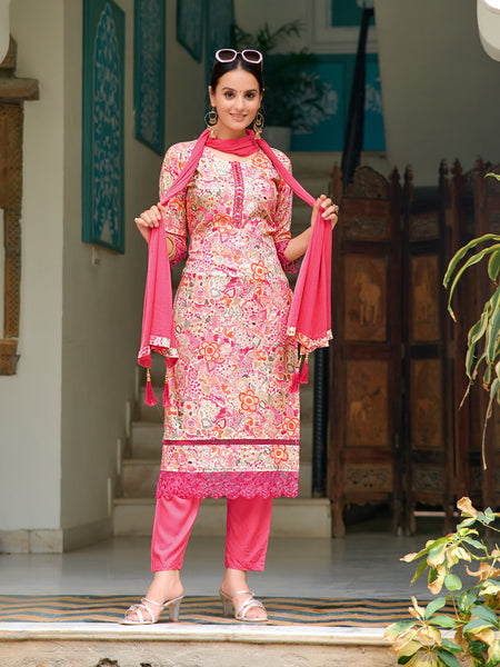 Embroidered & Floral Printed Kurta With Pant & Dupatta, Pink - Hiral Fashion