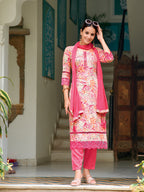 Embroidered & Floral Printed Kurta With Pant & Dupatta, Pink - Hiral Fashion - Distacart