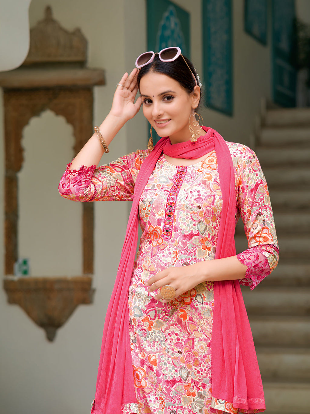 Embroidered & Floral Printed Kurta With Pant & Dupatta, Pink - Hiral Fashion - Distacart