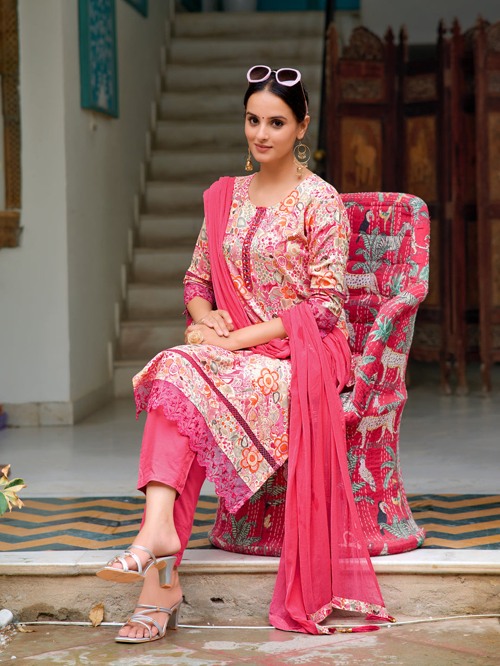 Embroidered & Floral Printed Kurta With Pant & Dupatta, Pink - Hiral Fashion - Distacart