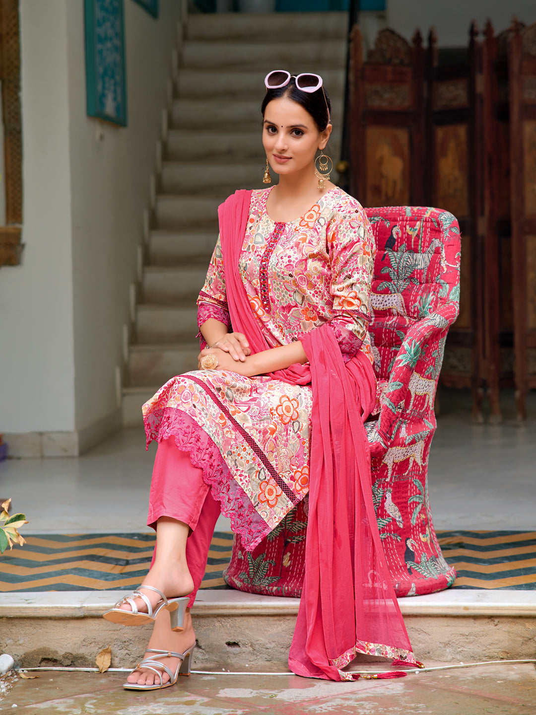 Embroidered & Floral Printed Kurta With Pant & Dupatta, Pink - Hiral Fashion - Distacart