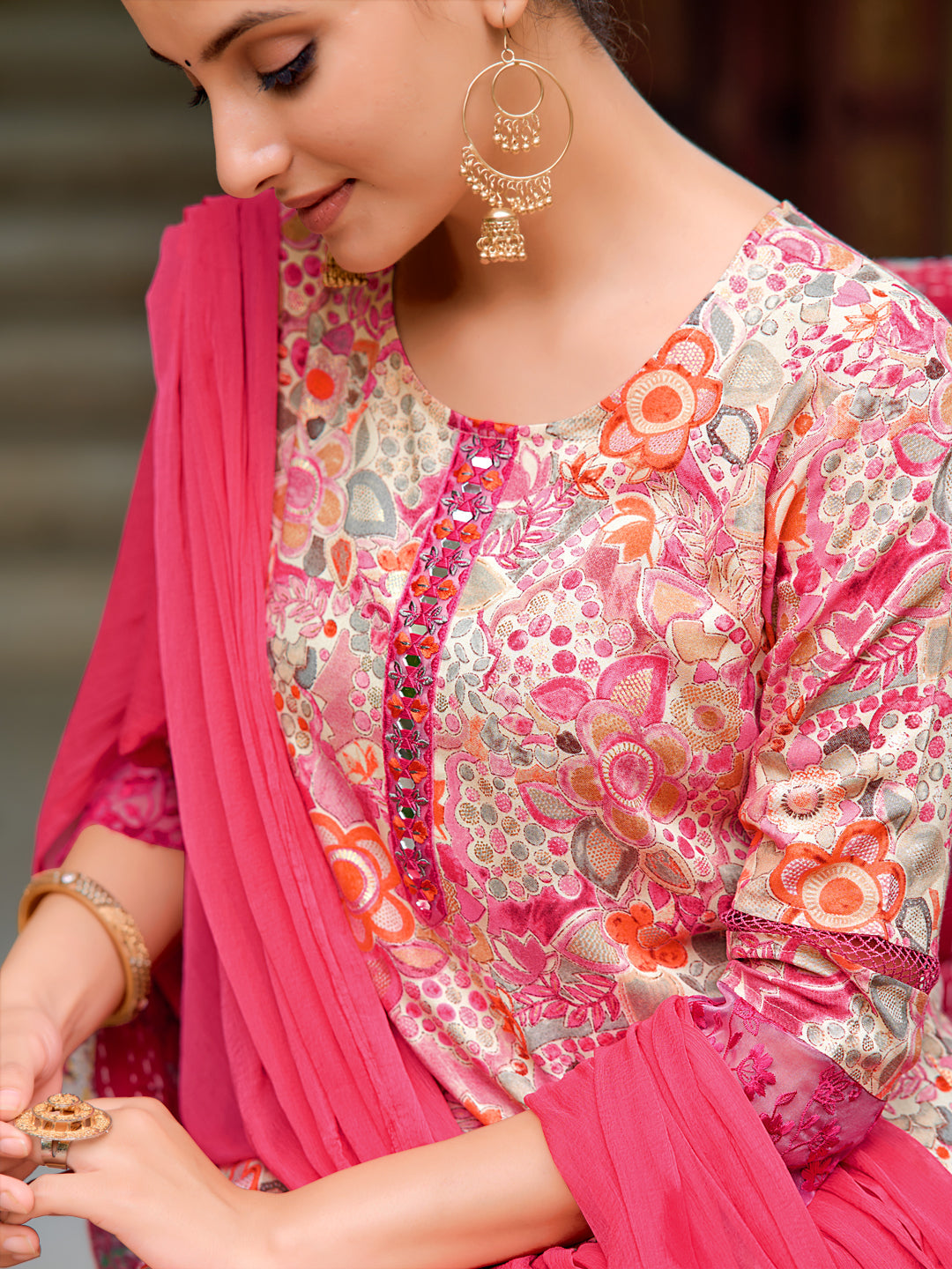 Embroidered & Floral Printed Kurta With Pant & Dupatta, Pink - Hiral Fashion - Distacart