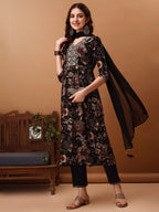 Flared Embroidered & Floral Printed Kurta With Pant & Dupatta, Black - Hiral Fashion