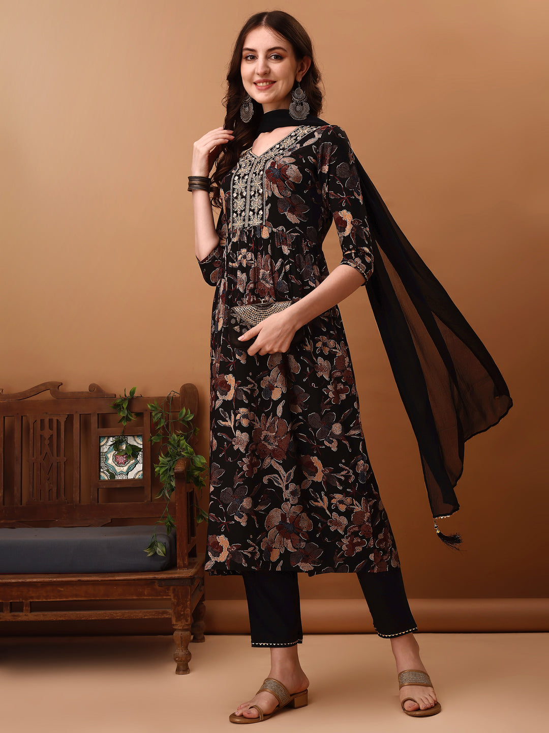 Flared Embroidered & Floral Printed Kurta With Pant & Dupatta, Black - Hiral Fashion