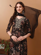 Flared Embroidered & Floral Printed Kurta With Pant & Dupatta, Black - Hiral Fashion