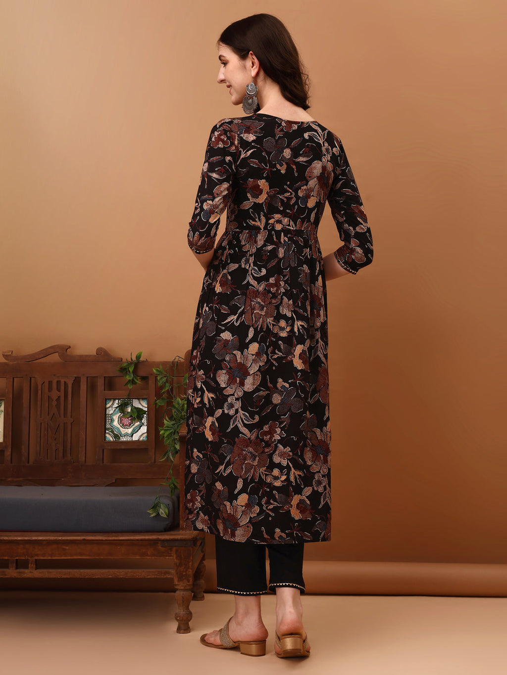Flared Embroidered & Floral Printed Kurta With Pant & Dupatta, Black - Hiral Fashion