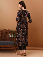 Flared Embroidered & Floral Printed Kurta With Pant & Dupatta, Black - Hiral Fashion