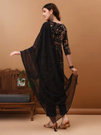Flared Embroidered & Floral Printed Kurta With Pant & Dupatta, Black - Hiral Fashion