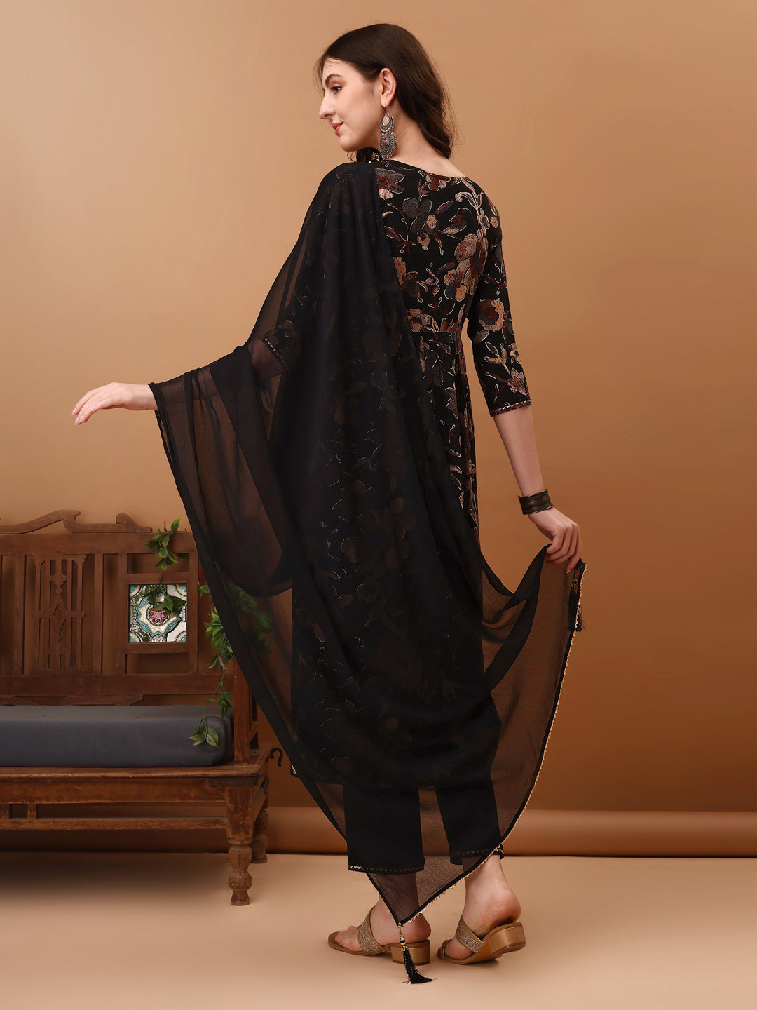 Flared Embroidered & Floral Printed Kurta With Pant & Dupatta, Black - Hiral Fashion
