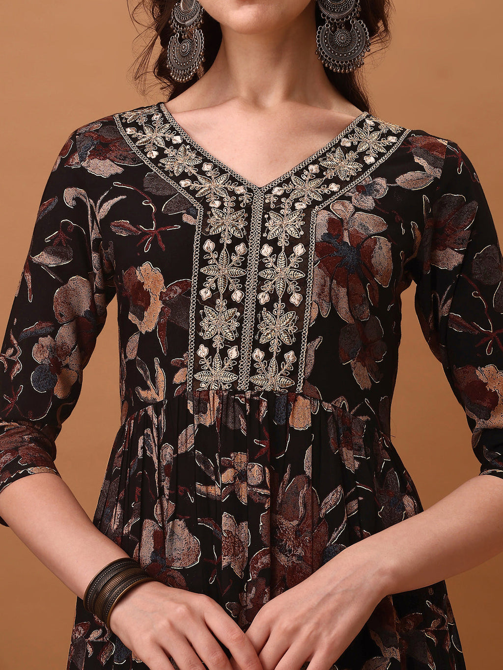 Flared Embroidered & Floral Printed Kurta With Pant & Dupatta, Black - Hiral Fashion