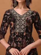 Flared Embroidered & Floral Printed Kurta With Pant & Dupatta, Black - Hiral Fashion
