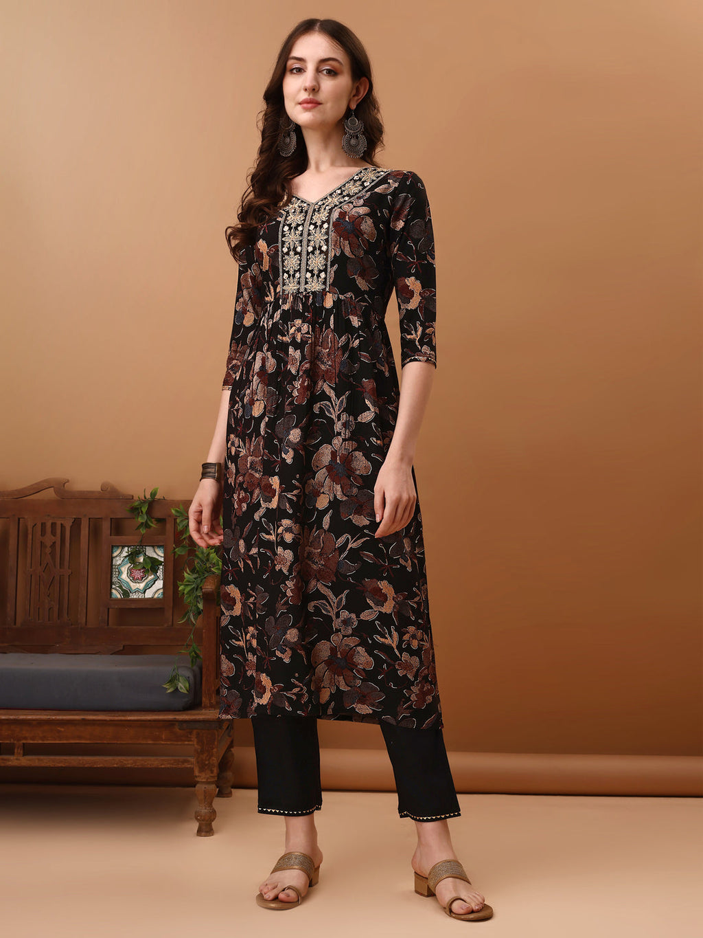 Flared Embroidered & Floral Printed Kurta With Pant & Dupatta, Black - Hiral Fashion