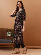 Flared Embroidered & Floral Printed Kurta With Pant & Dupatta, Black - Hiral Fashion