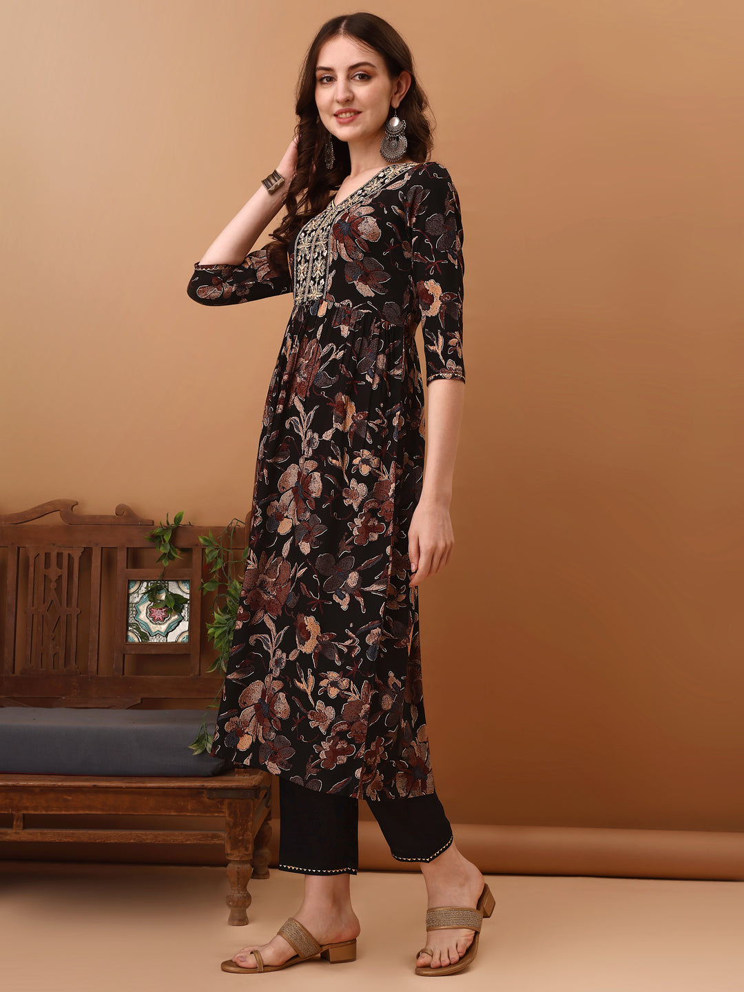 Flared Embroidered & Floral Printed Kurta With Pant & Dupatta, Black - Hiral Fashion
