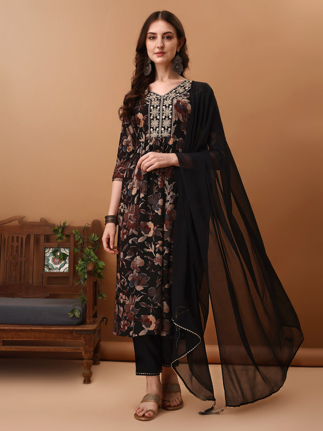 Flared Embroidered & Floral Printed Kurta With Pant & Dupatta, Black - Hiral Fashion