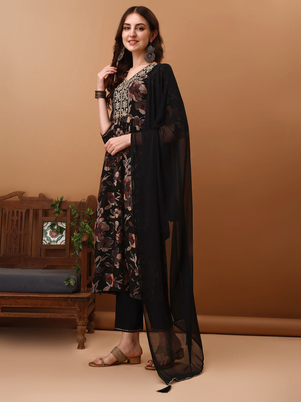 Flared Embroidered & Floral Printed Kurta With Pant & Dupatta, Black - Hiral Fashion