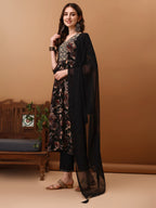 Flared Embroidered & Floral Printed Kurta With Pant & Dupatta, Black - Hiral Fashion