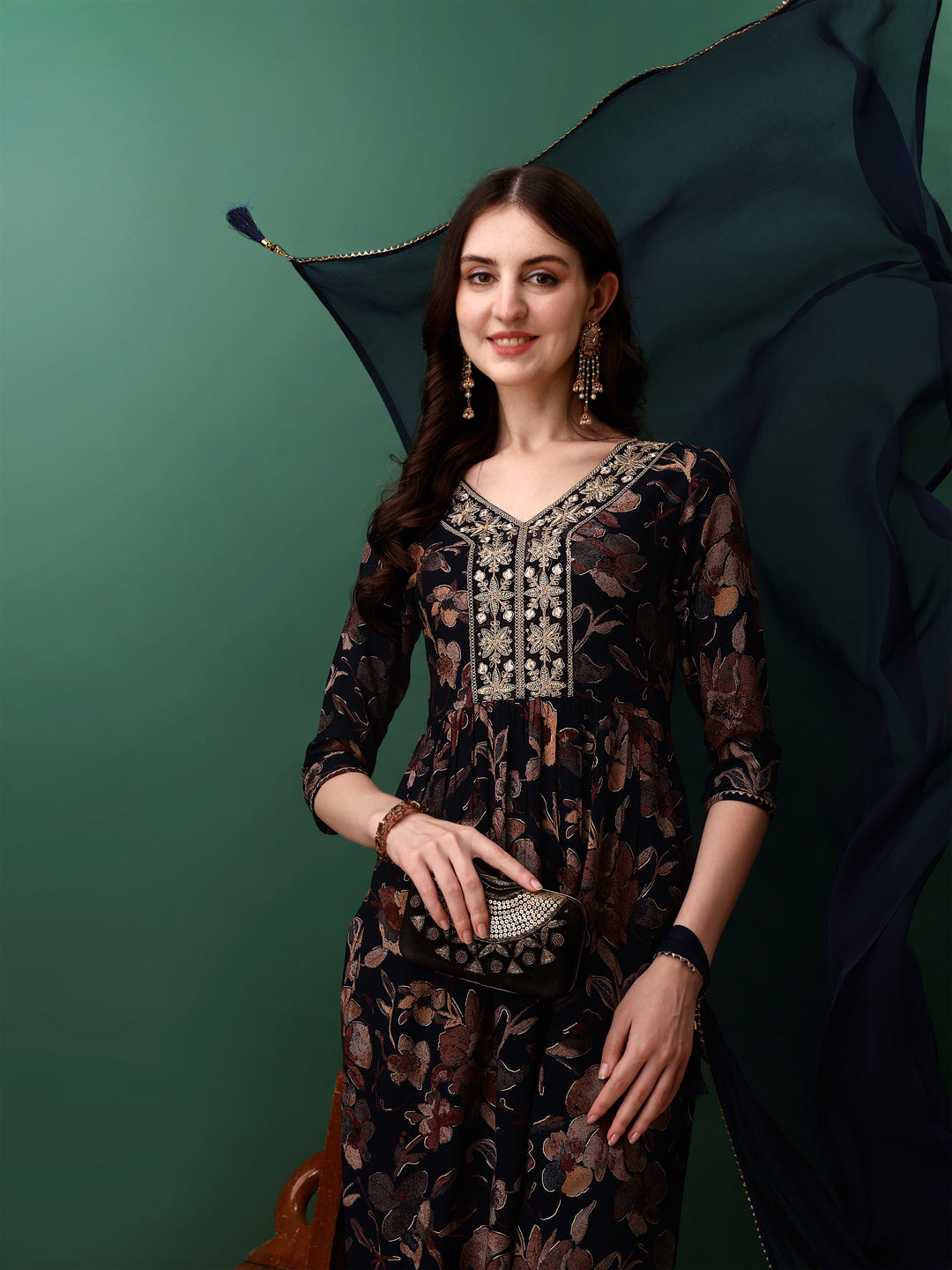Flared Embroidered & Floral Printed Kurta With Pant & Dupatta, Navy Blue - Hiral Fashion - Distacart