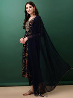 Flared Embroidered & Floral Printed Kurta With Pant & Dupatta, Navy Blue - Hiral Fashion - Distacart