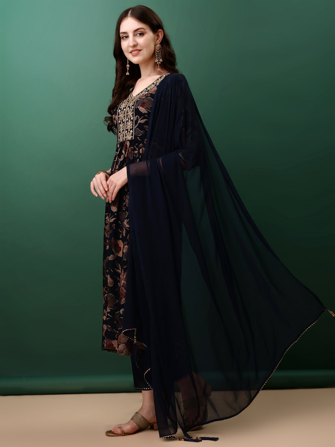 Flared Embroidered & Floral Printed Kurta With Pant & Dupatta, Navy Blue - Hiral Fashion - Distacart