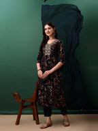 Flared Embroidered & Floral Printed Kurta With Pant & Dupatta, Navy Blue - Hiral Fashion - Distacart