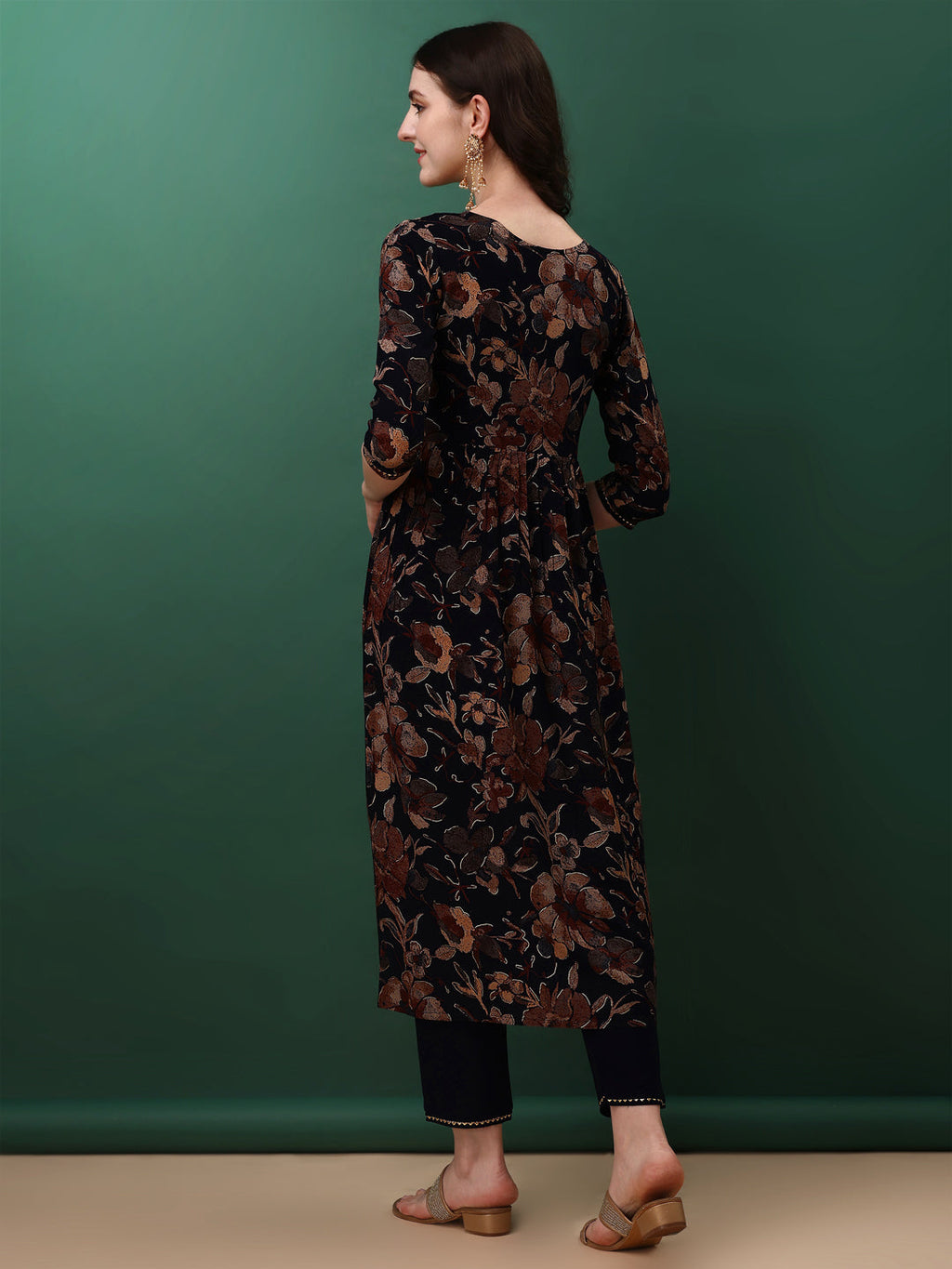 Flared Embroidered & Floral Printed Kurta With Pant & Dupatta, Navy Blue - Hiral Fashion - Distacart