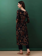 Flared Embroidered & Floral Printed Kurta With Pant & Dupatta, Navy Blue - Hiral Fashion - Distacart