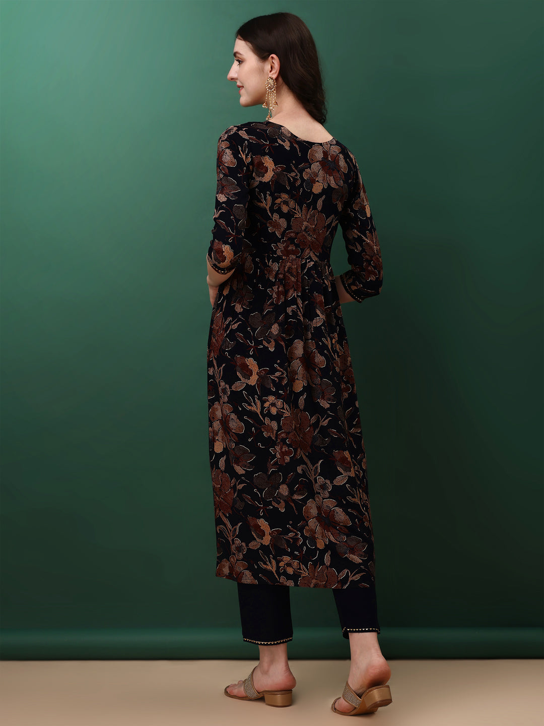 Flared Embroidered & Floral Printed Kurta With Pant & Dupatta, Navy Blue - Hiral Fashion - Distacart