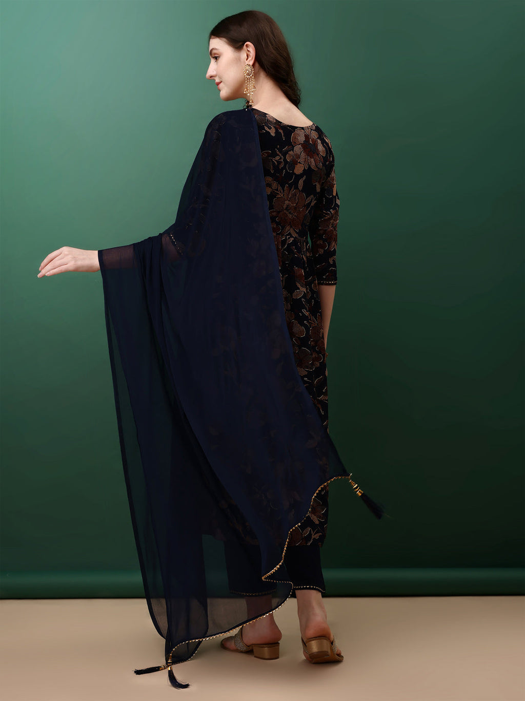 Flared Embroidered & Floral Printed Kurta With Pant & Dupatta, Navy Blue - Hiral Fashion - Distacart