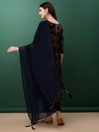 Flared Embroidered & Floral Printed Kurta With Pant & Dupatta, Navy Blue - Hiral Fashion - Distacart