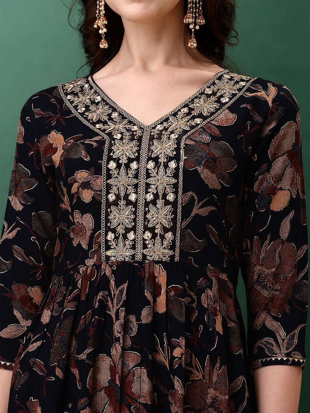 Flared Embroidered & Floral Printed Kurta With Pant & Dupatta, Navy Blue - Hiral Fashion - Distacart