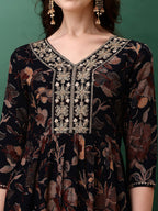 Flared Embroidered & Floral Printed Kurta With Pant & Dupatta, Navy Blue - Hiral Fashion - Distacart