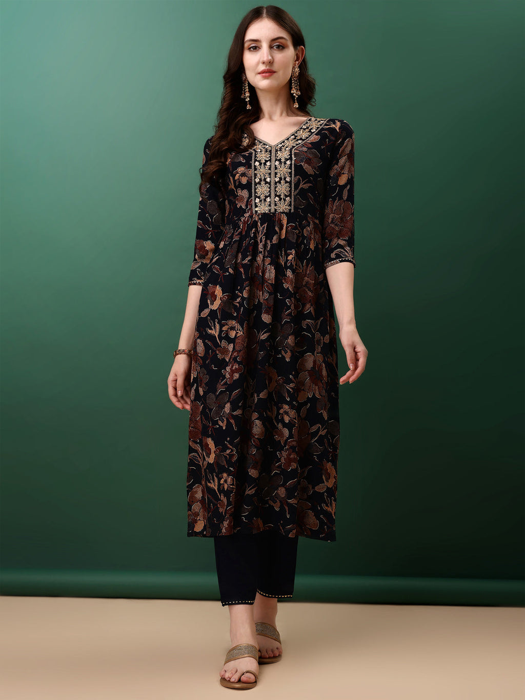 Flared Embroidered & Floral Printed Kurta With Pant & Dupatta, Navy Blue - Hiral Fashion - Distacart