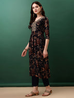 Flared Embroidered & Floral Printed Kurta With Pant & Dupatta, Navy Blue - Hiral Fashion - Distacart