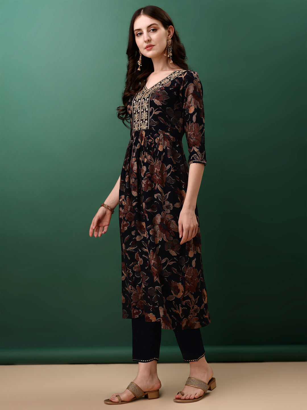Flared Embroidered & Floral Printed Kurta With Pant & Dupatta, Navy Blue - Hiral Fashion - Distacart